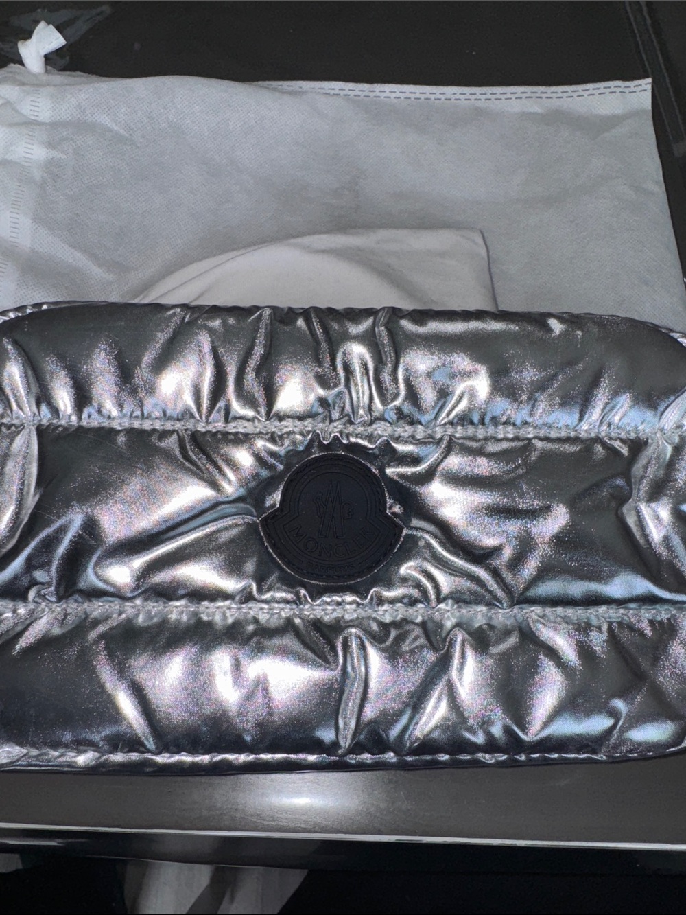Moncler Metallic Silver Quilted Wristlet Clutch - Picture 1 of 5